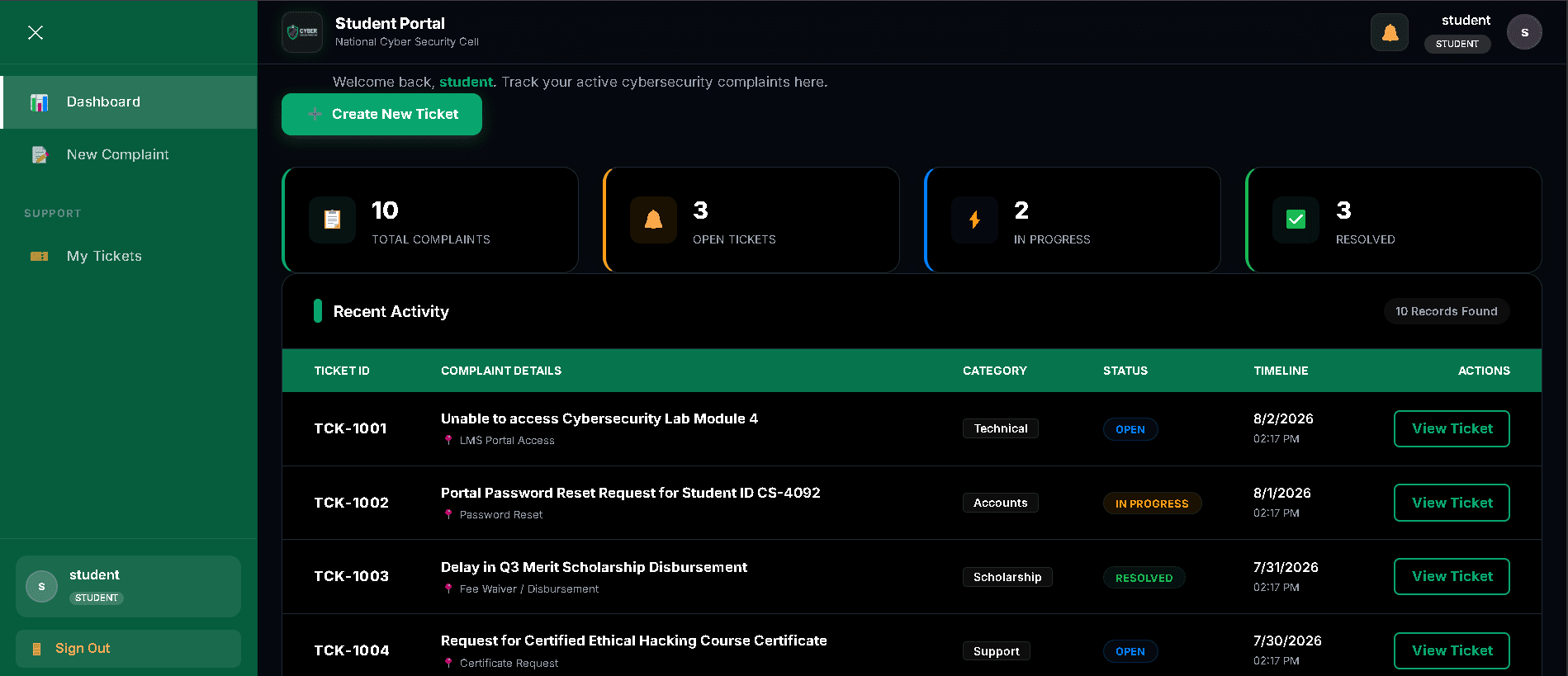Student Complaint System — screenshot 2